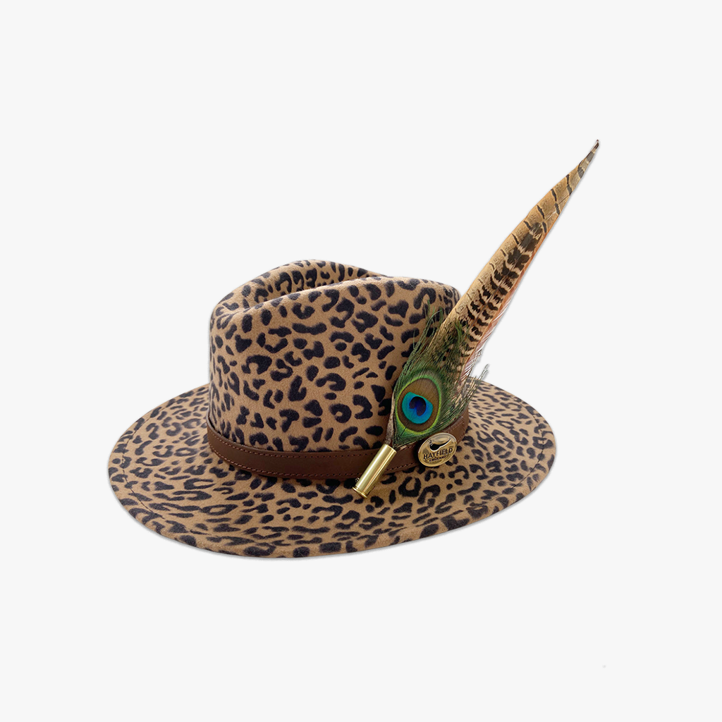 animal print wool fedora hat with feather hat pin/brooch