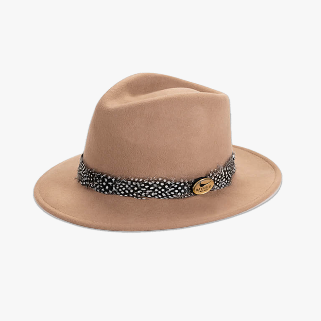 camel guinea fowl feather wrap wool fedora hat