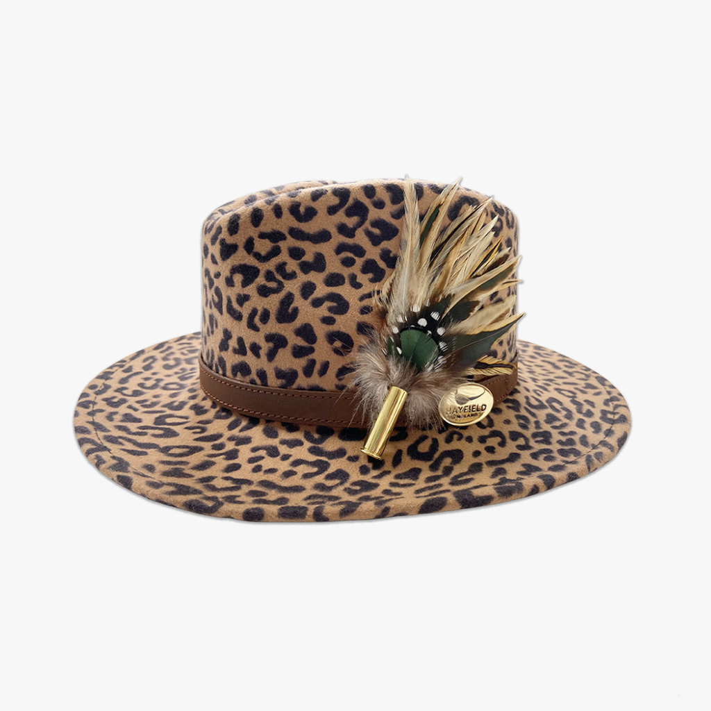 animal print wool fedora hat with feather hat pin/brooch