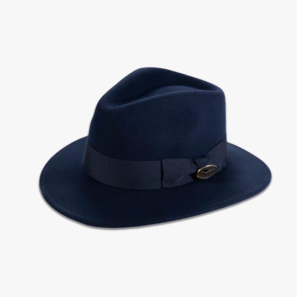 navy blue ribbon wool fedora hat