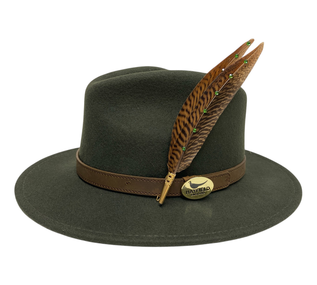 green wool fedora hat with feather hat pin 