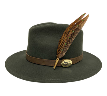 green wool fedora hat with feather hat pin 
