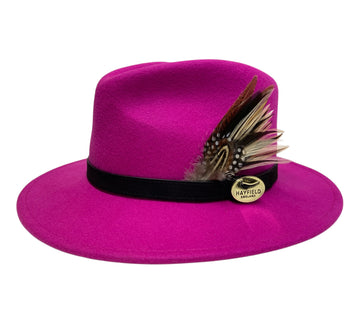 pink wool fedora hat with feathers