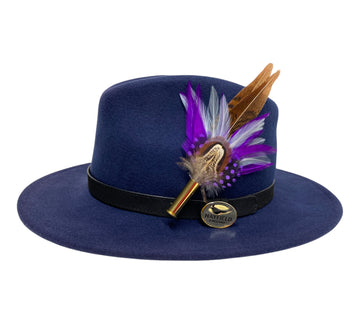 navy blue wool fedora hat with feather hat pin