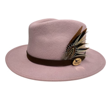 pink wool fedora hat with feathers