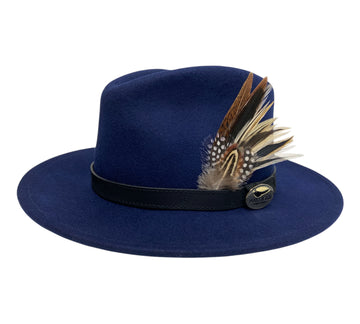 navy blue wool fedora hat with feather hat pin