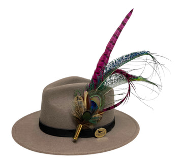 grey wool fedora hat with feather hat pin