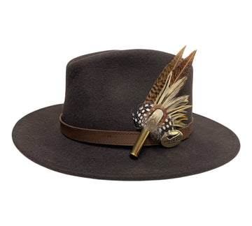 brown wool fedora hat with feather hat pin 