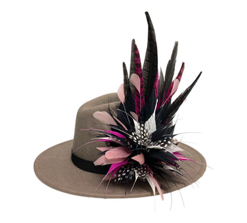 grey wool fedora hat with feather hat pin