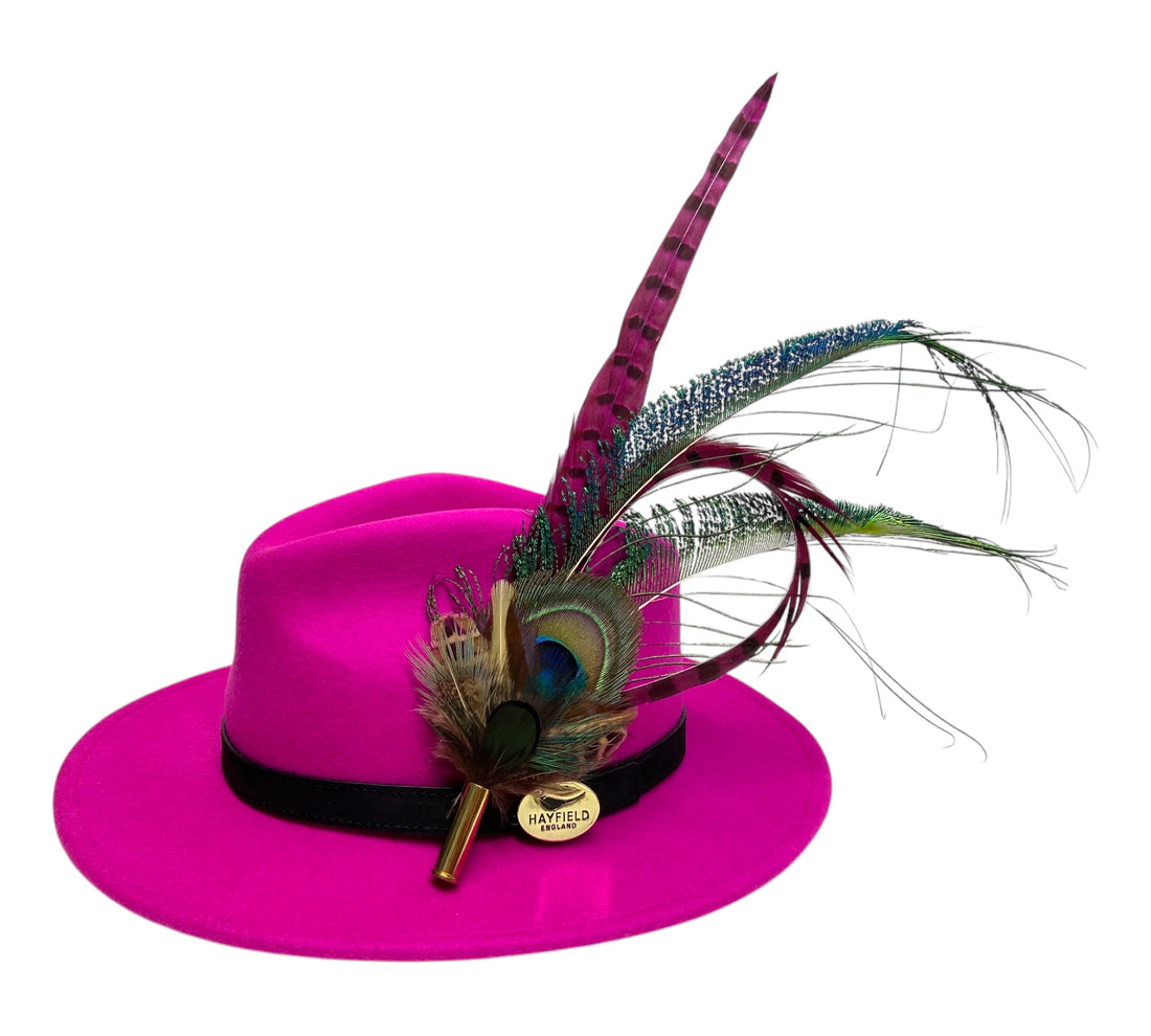 pink wool fedora hat with feather hat pin