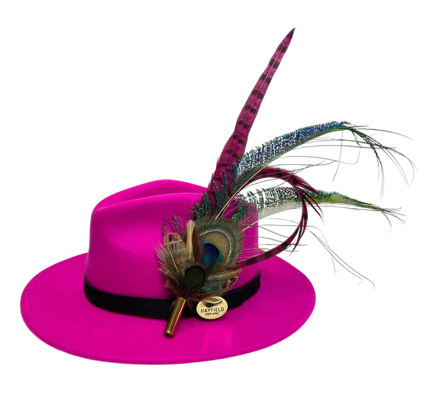 pink wool fedora hat with feather hat pin