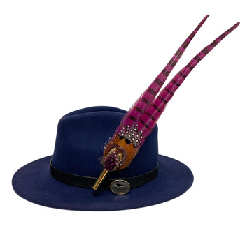 navy blue wool fedora hat with feather hat pin