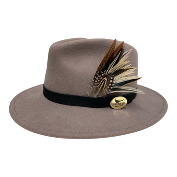 gray fedora hat with feather 