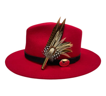 red wool fedora hat with feather hat pin 