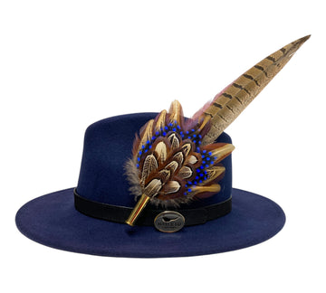 navy blue wool fedora hat with feather hat pin