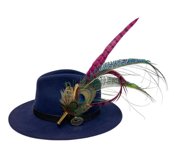 navy blue wool fedora hat with feather hat pin