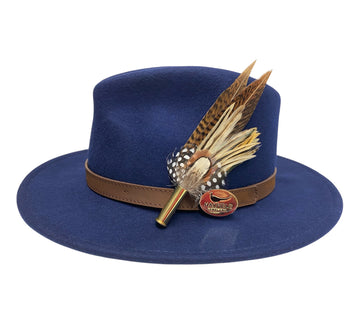 navy blue wool fedora hat with feather hat pin