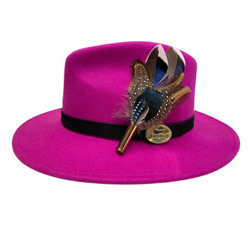 pink wool fedora hat with feathers