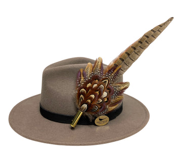 grey wool fedora hat with feather hat pin