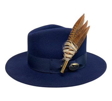 navy blue wool fedora hat with feather hat pin