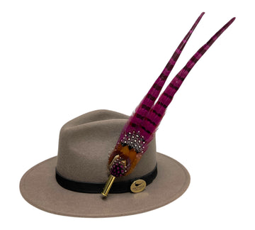 grey wool fedora hat with feather hat pin