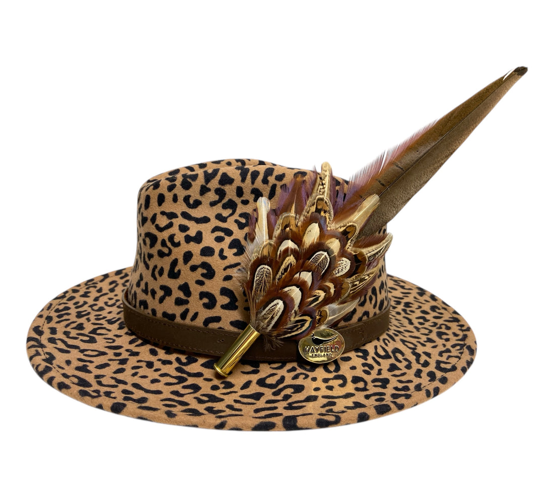 animal print wool fedora hat with feather hat pin