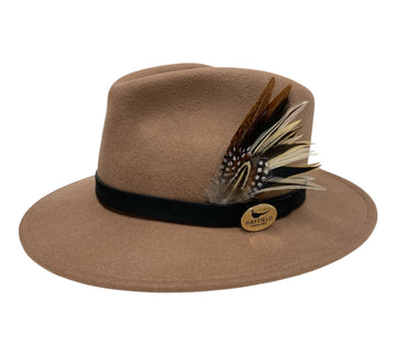 camel wool fedora hat with feathers