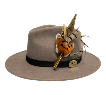 grey wool fedora hat with feather hat pin