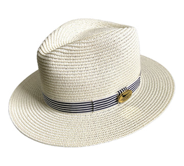Summer cream straw fedora with navy and white striped band 