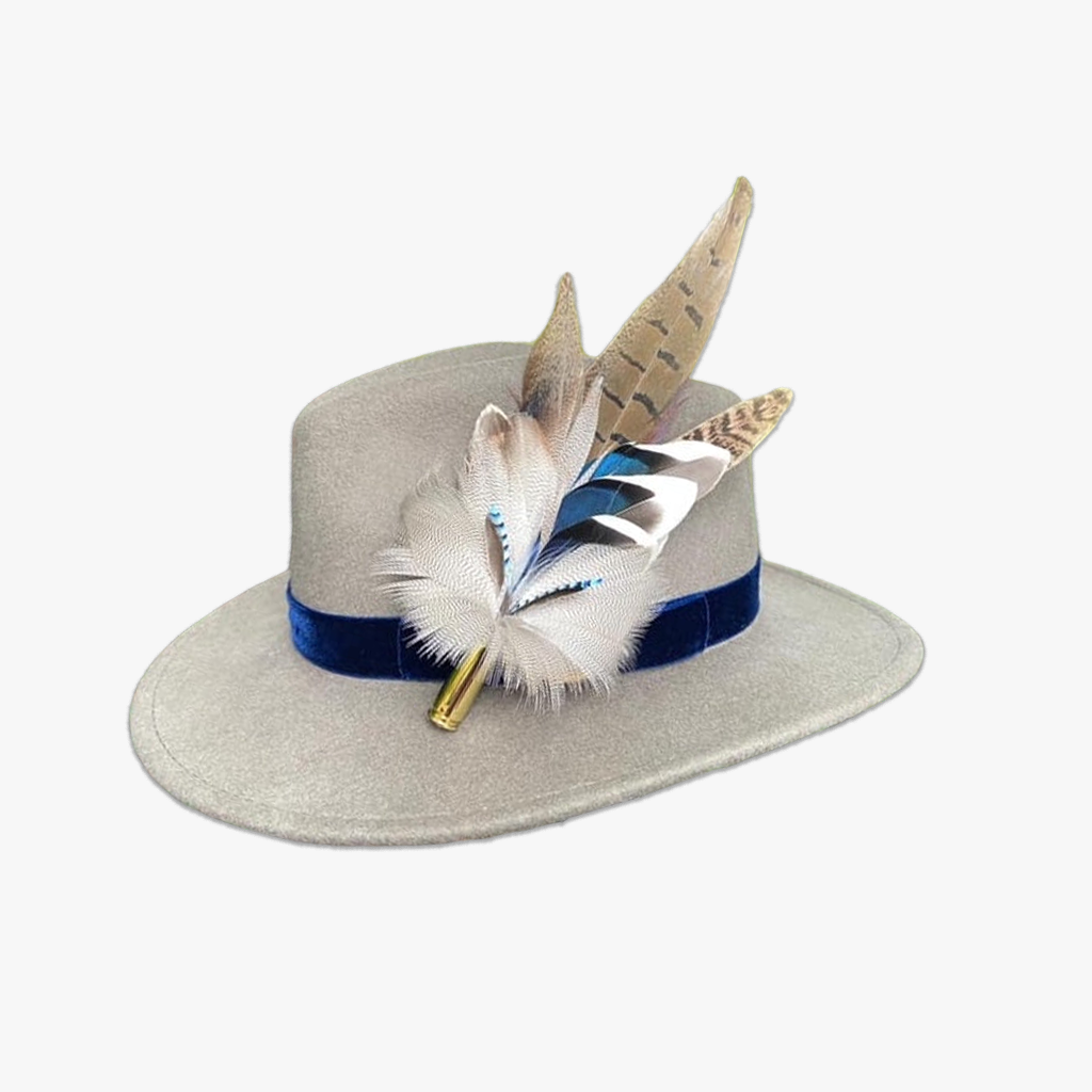 Grey Fedora with Feather Brooch and Velvet Navy Blue Ribbon
