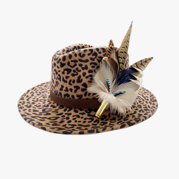 Animal Print Fedora with Feather Brooch
