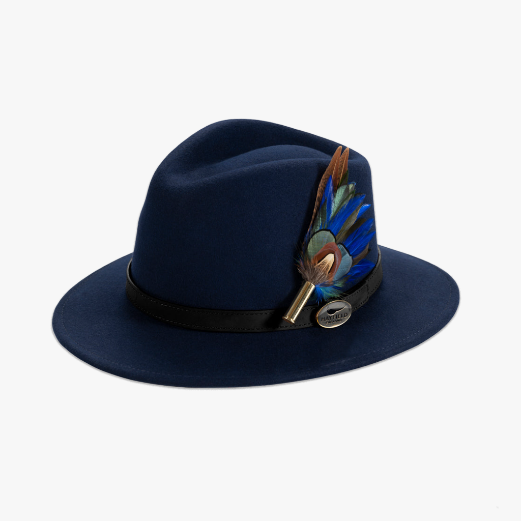 Navy Blue Fedora with a Leather Band and Feather Brooch