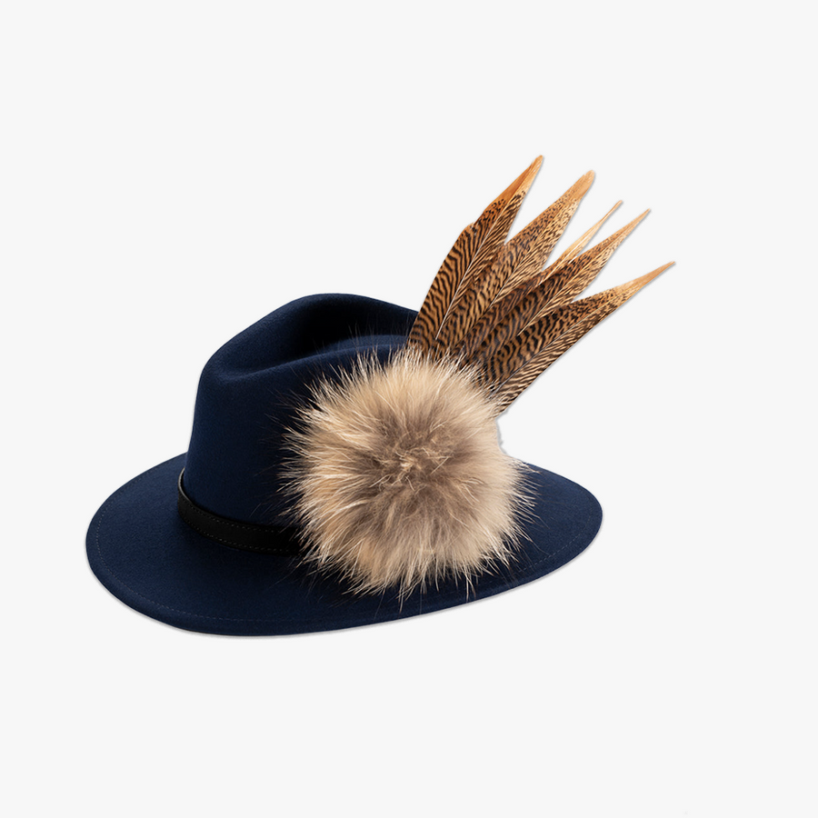 Navy Blue Fedora with a Black Leather Band and Feather Brooch