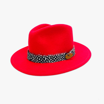 Dorset Red Fedora with Guinea Fowl Wrap