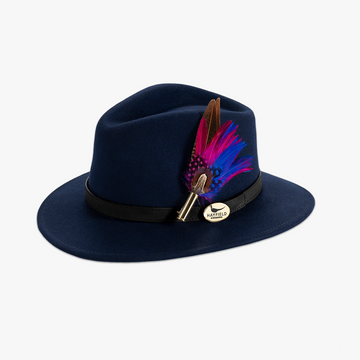 Navy Blue Fedora with a Black Leather Band and Feather Brooch