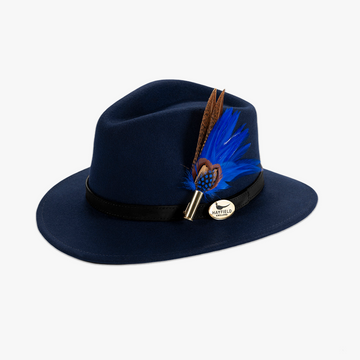 Navy Blue Fedora with a Black Leather Band and Feather Brooch