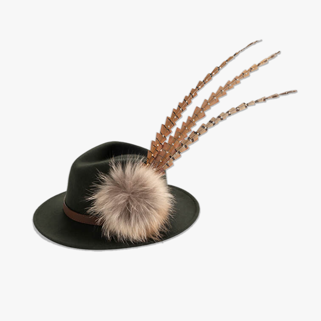 Green Fedora with Feather Brooch