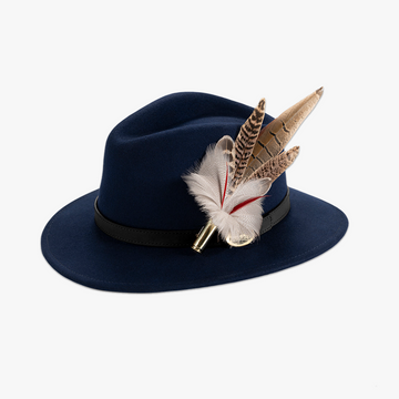 Navy Blue Fedora with a Black Leather Band and Feather Brooch