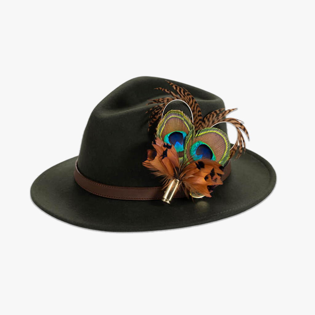 Green Fedora with Feather Brooch