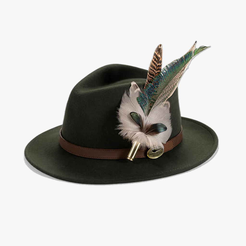 Green Fedora with Feather Brooch