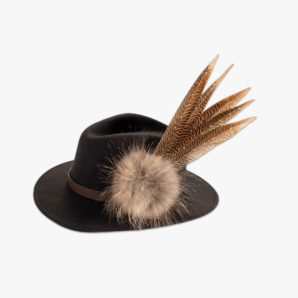 Brown Fedora with Feather Brooch - Hayfield England New