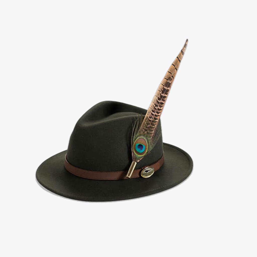 Green Fedora with Feather Brooch