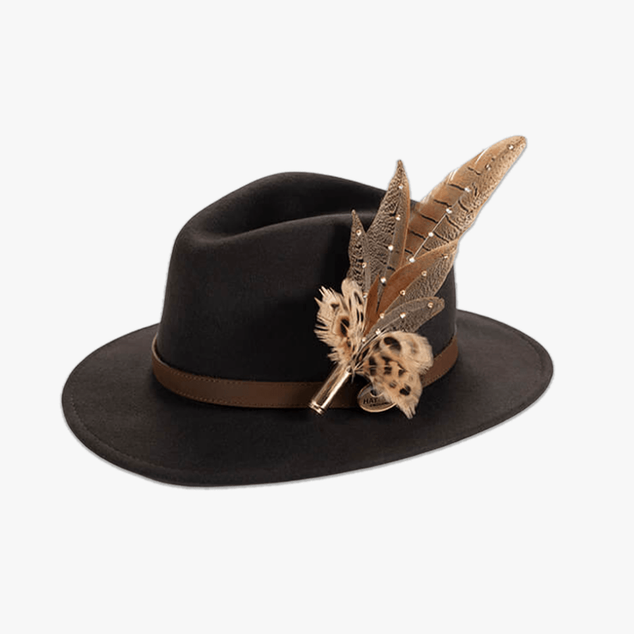 Brown Fedora with Feather Brooch - Hayfield England New