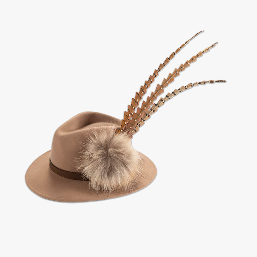 Camel Fedora with Feather Brooch