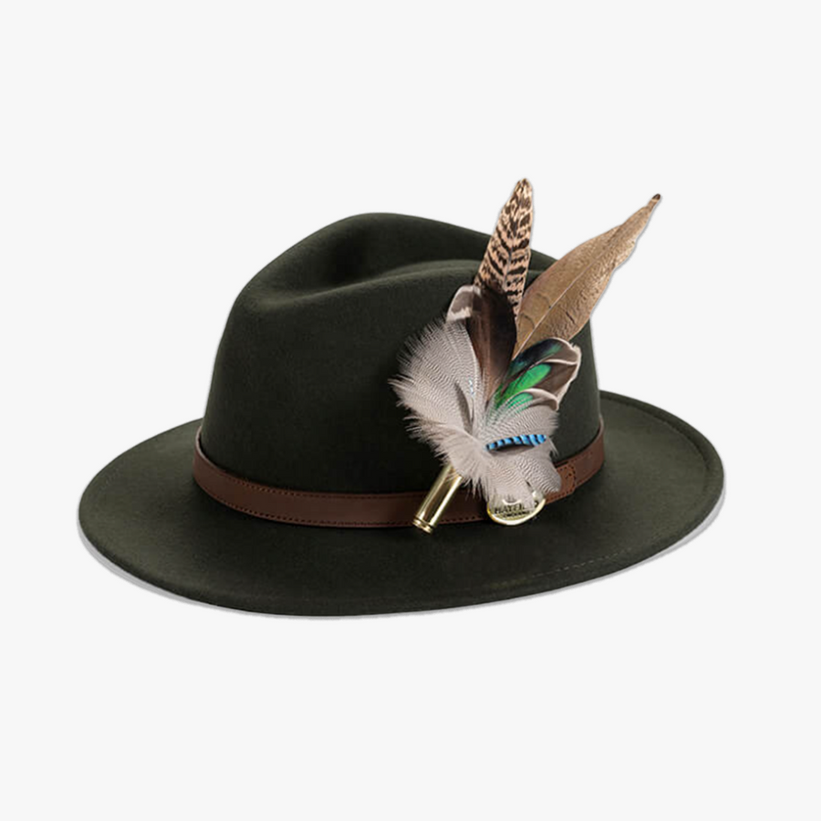 Green Fedora with Feather Brooch