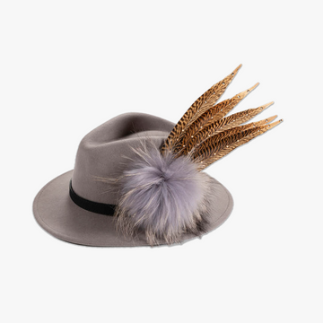 Grey Fedora with Feather Brooch