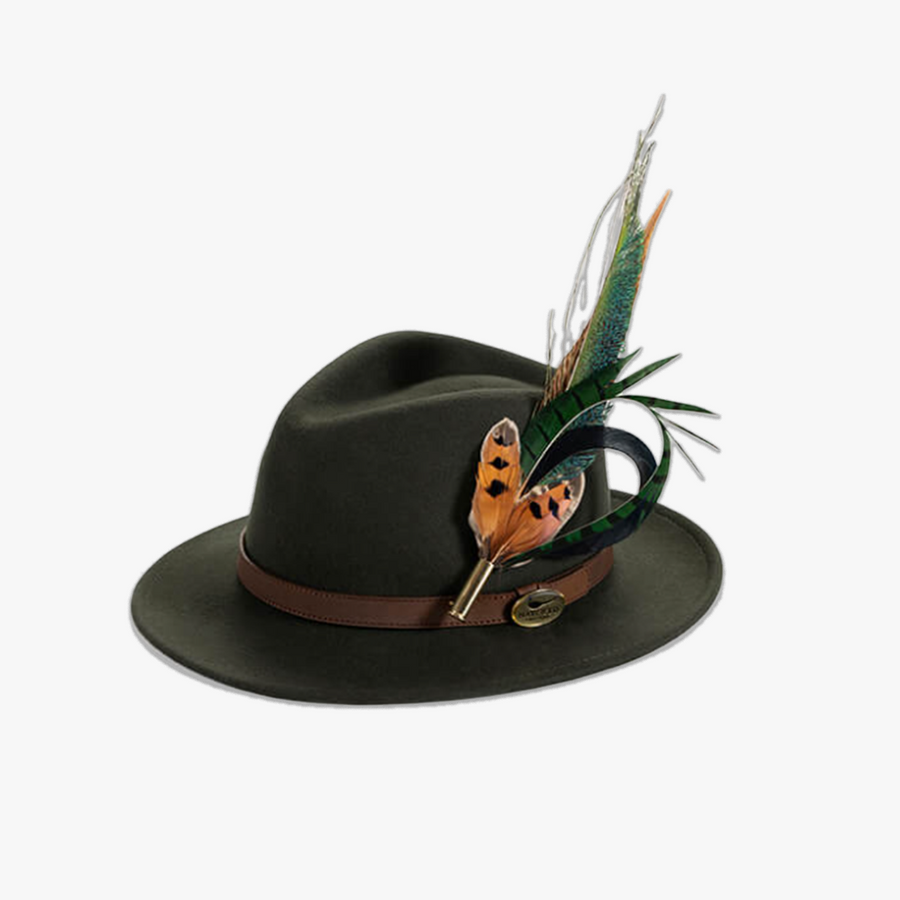 Green Fedora with Feather Brooch