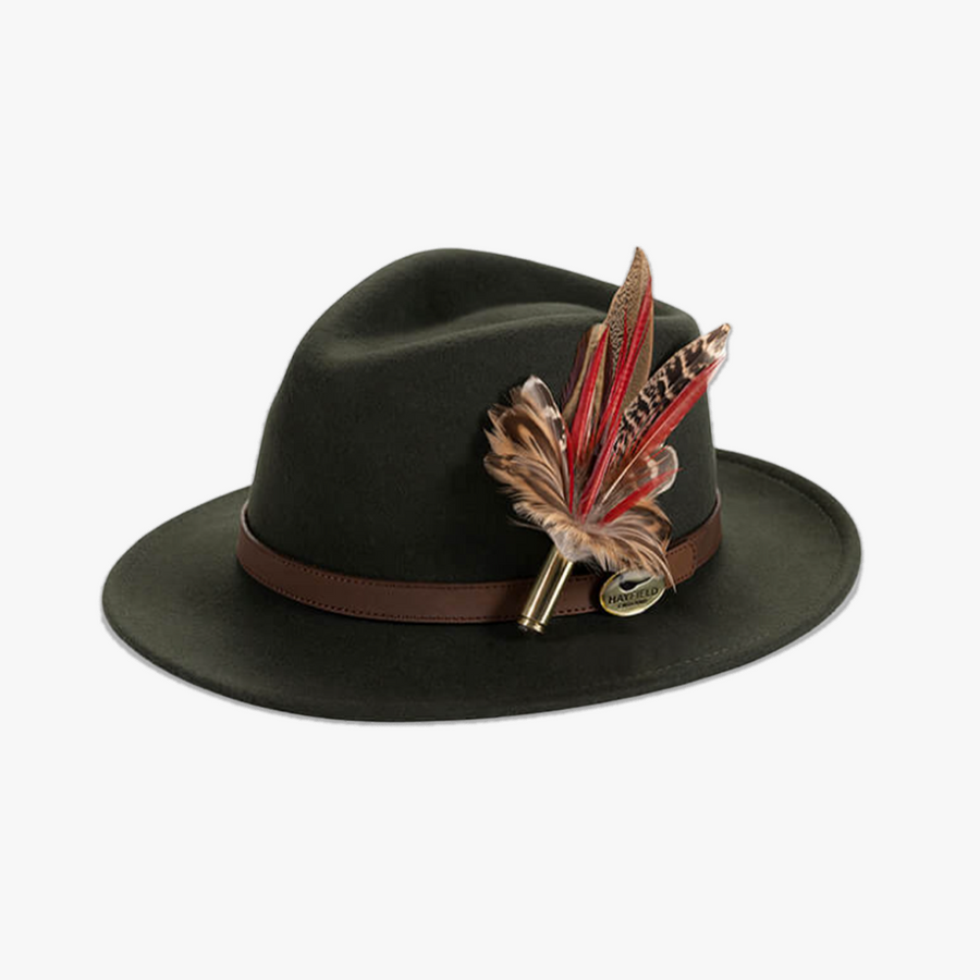 Green Fedora with Feather Brooch