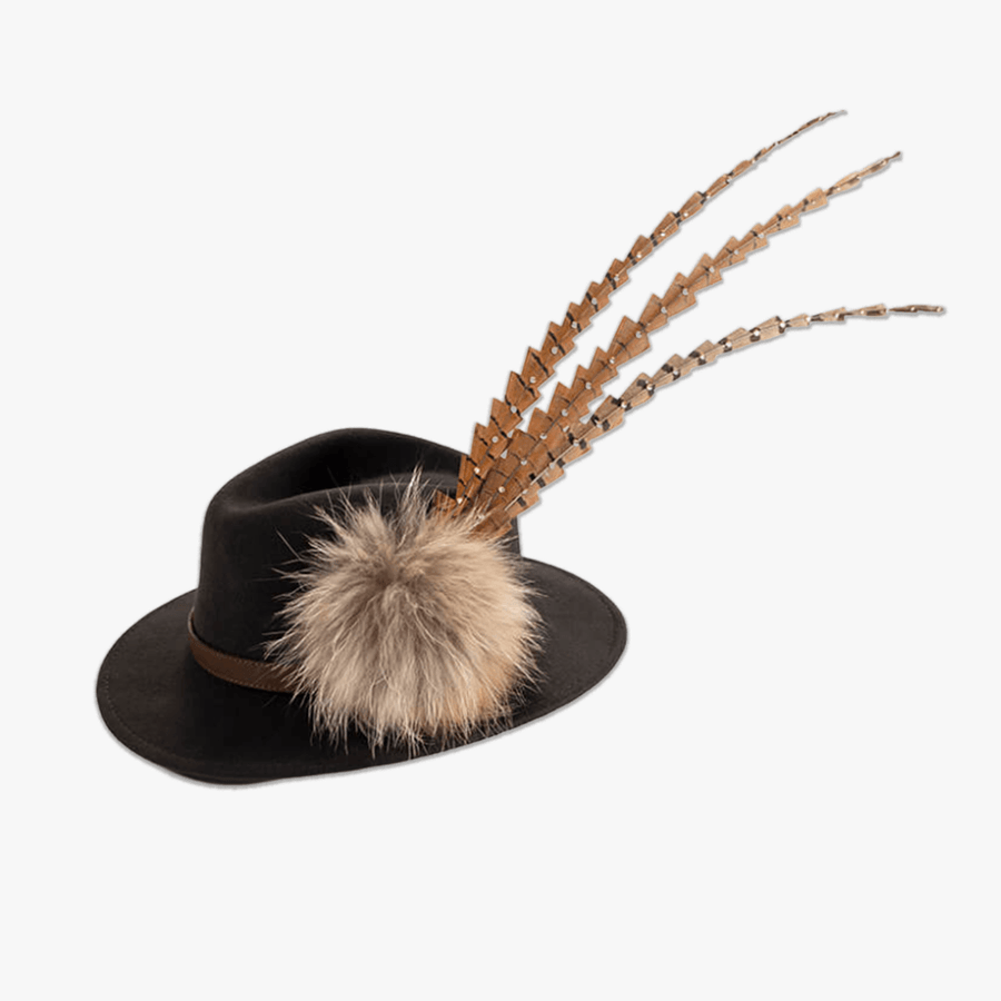 Brown Fedora with Feather Brooch - Hayfield England New
