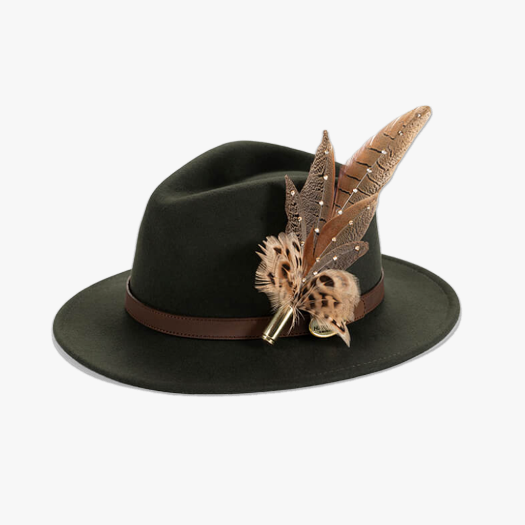 Green Fedora with Feather Brooch